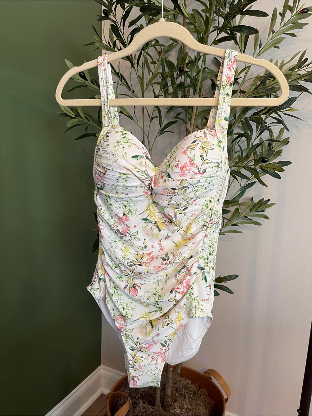 White Floral Ruched One-Piece Swimsuit - Pastel Garden Print